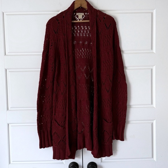 Lucky Brand Womens Open Cardigan Sweater Large Dark Red Maroon Long Knit Pockets - Picture 2 of 12